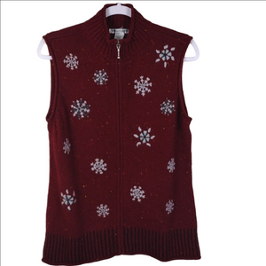 Hannah Burgundy Wool Embroidery Snowflake Mock Neck Zip Up Cardigan Sweater Vest